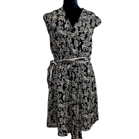 Anthropologie Maeve Black Safari Elephant Print Wrap Dress Size Medium - Picture 4 of 11